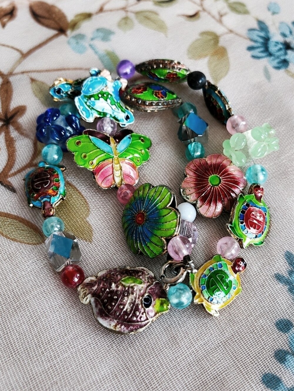 Vintage Enameled Cloisonné Floral Heart Turtle Fish Butterfly Beaded Necklace